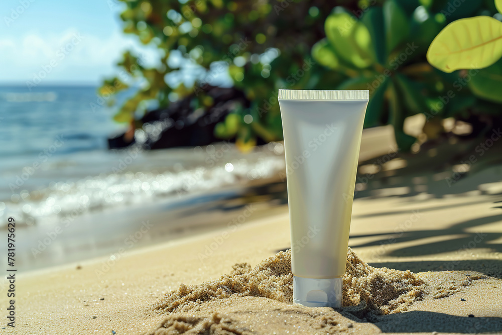sun protective cosmetic, cream tub, on blue sea and sand background, product design, beauty, side view, mockup sun protective cosmetic, cream tub, on blue sea and sand background, product design, beauty, side view, mockup