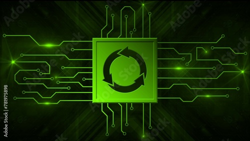 Update symbol as cutout into plate and digital circuit lines on green futuristic background - technology design concept - 3D Illustration
