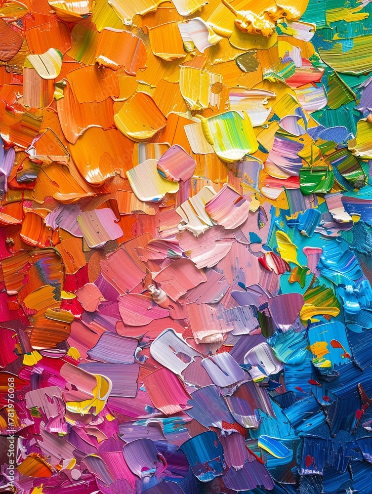 Palette knife abstract of a rainbow, rich and colorful, in oil paint, set against a dynamic, multicolored background with intense lighting Palette knife abstract of a rainbow, rich and colorful, in oil paint, set against a dynamic, multicolored background with intense lighting