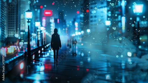 woman walking on street at night, rear view, urban lights in background