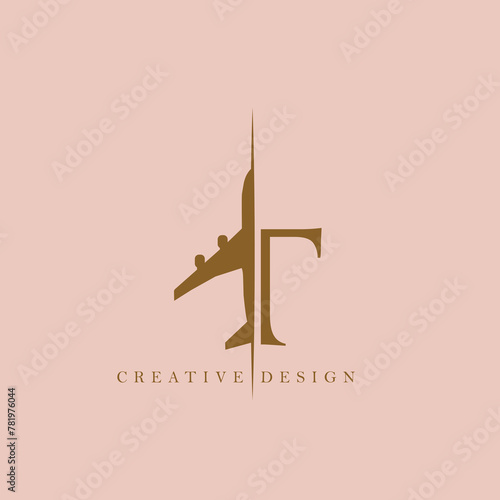 Minimalistic modern logo design and typography - half airplane and half letter T on a pink backdrop