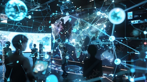 people standing in a room with digital art surrounding them and people looking at them