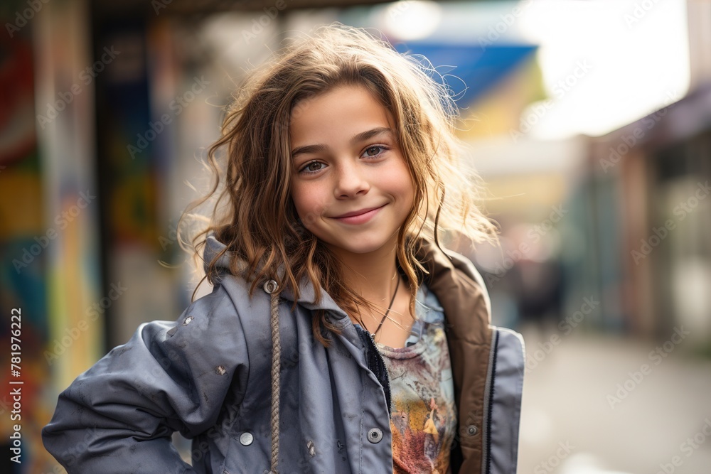 A girl with long hair is smiling and wearing a gray jacket A girl with long hair is smiling and wearing a gray jacket