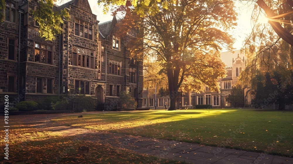 A university on a grassy field in sunlight