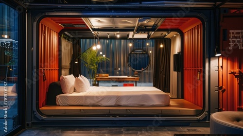 Highlight the unique design elements and amenities offered by Plugys hotel containers   AI generated illustration photo