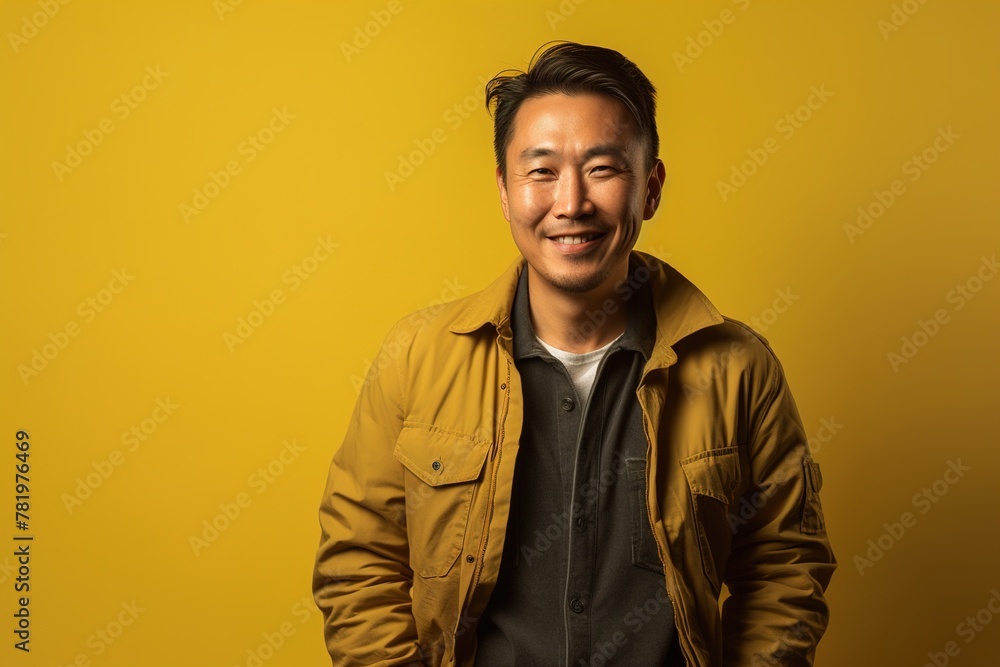 Obraz premium A man in a yellow jacket is smiling at the camera