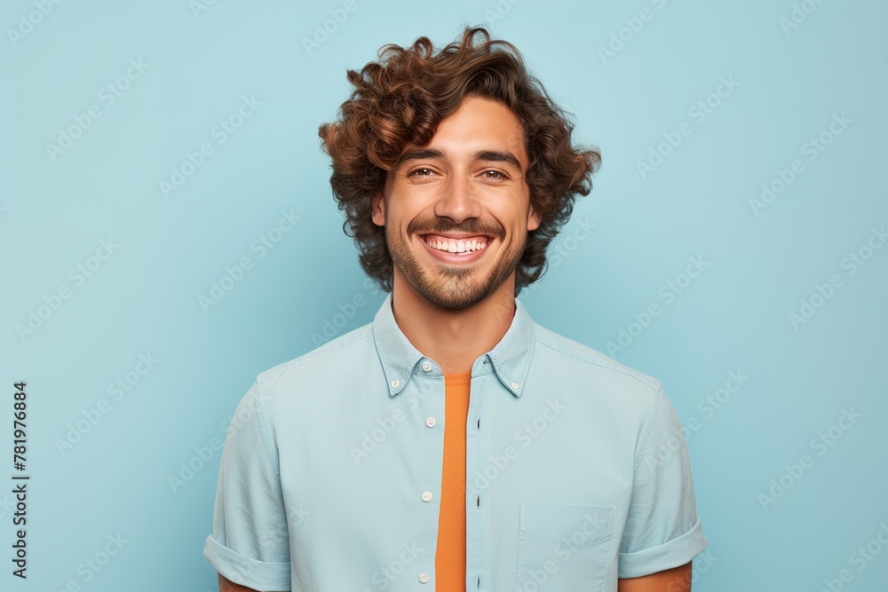 A man with curly hair is smiling and wearing a blue shirt and orange tie A man with curly hair is smiling and wearing a blue shirt and orange tie