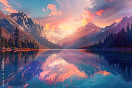 A beautiful mountain lake with a sunset in the background