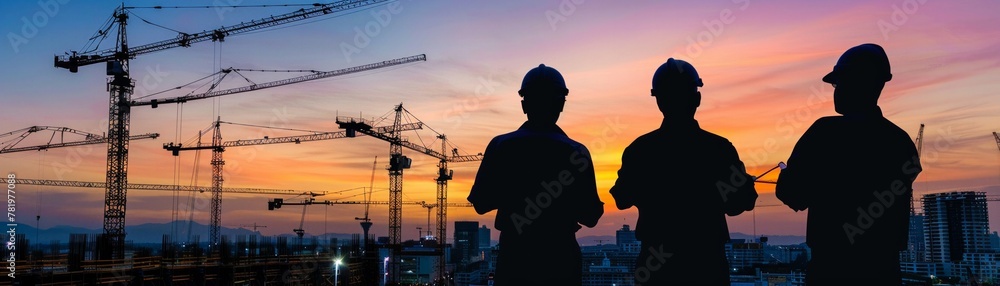 Silhouettes of a workforce against the backdrop of construction sites at sunset, symbolizing progress