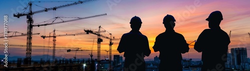 Silhouettes of a workforce against the backdrop of construction sites at sunset, symbolizing progress