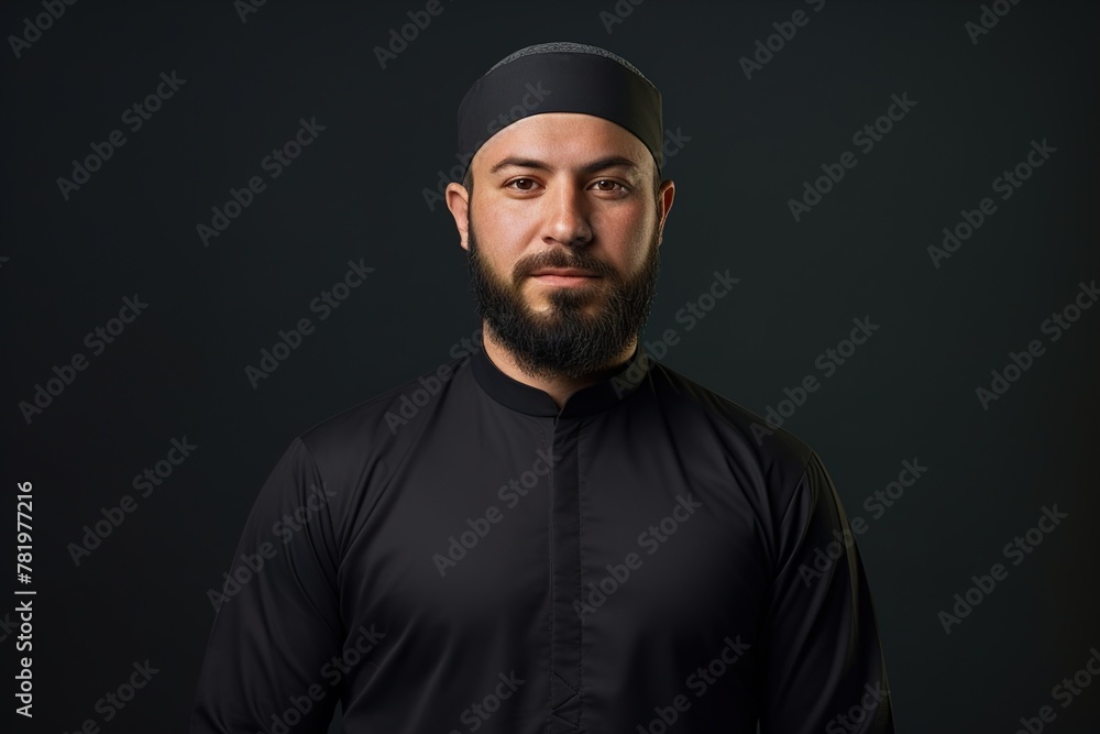 Obraz premium A man wearing a black shirt and a black head scarf