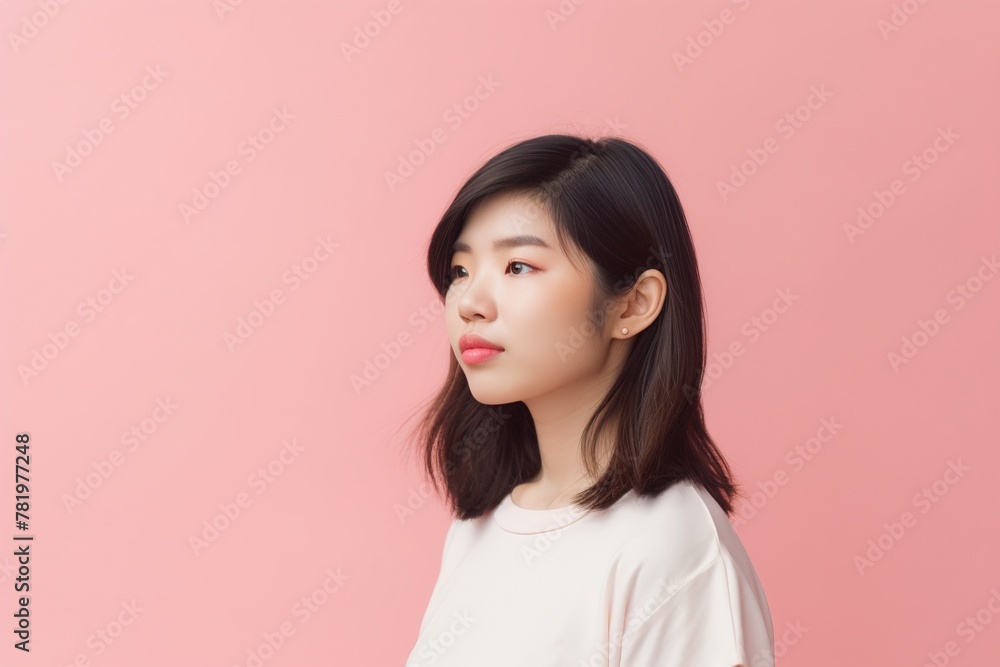 A woman with short hair and a pink background A woman with short hair and a pink background