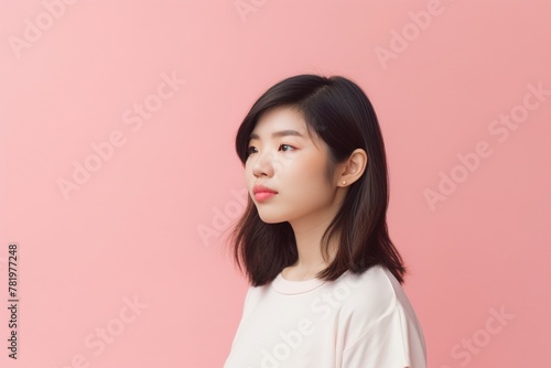 A woman with short hair and a pink background