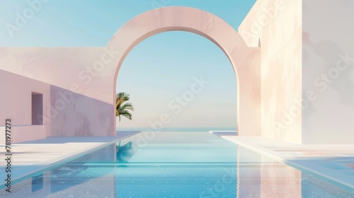 A geometrical abstract scene with a swimming pool in natural day light. A minimal 3D landscape background...... © Mark