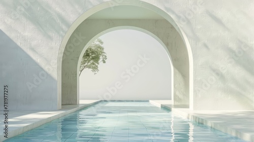 An abstract landscape with geometrical forms and a swimming pool lit by natural daylight..... A minimal 3D landscape background.......