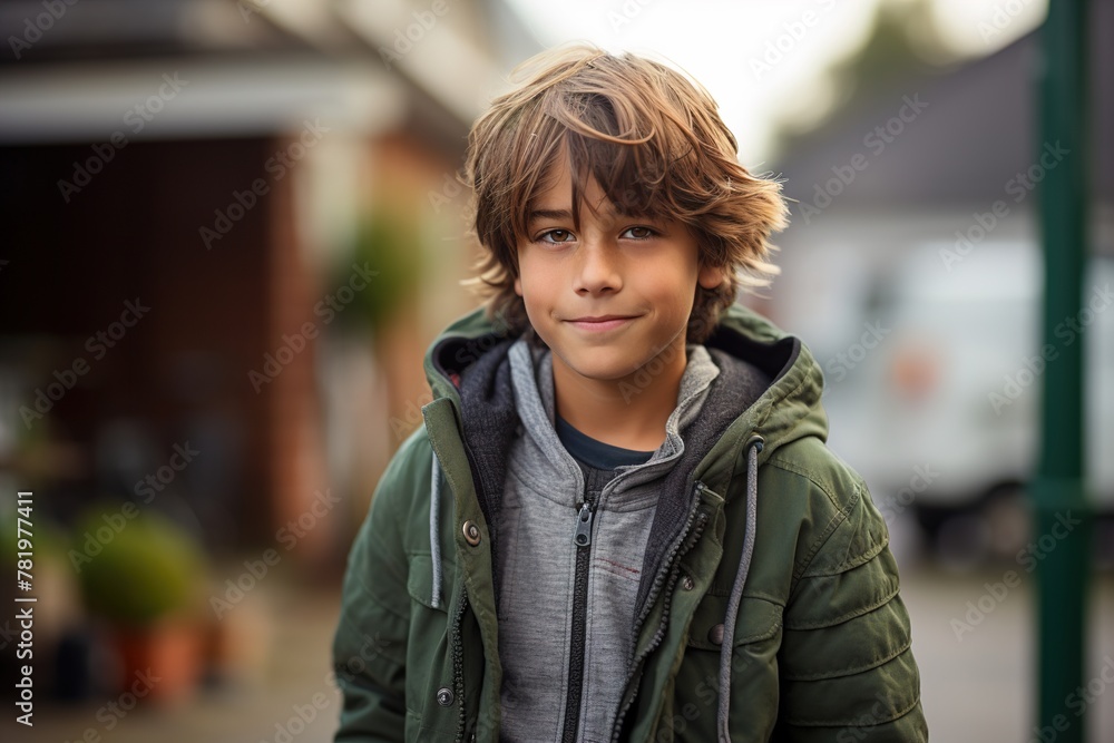 Fototapeta premium A young boy wearing a green jacket and gray hoodie is smiling