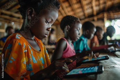 young girls use tablets to play games at the classroom table