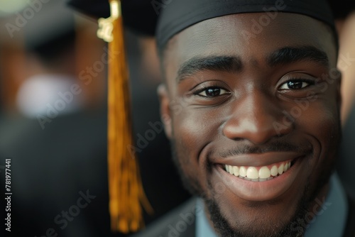 Close-up of the face of a happy African American boy graduate whose eyes sparkle with joy and a smile. Wearing a graduation cap and gown. Graduation ceremony.