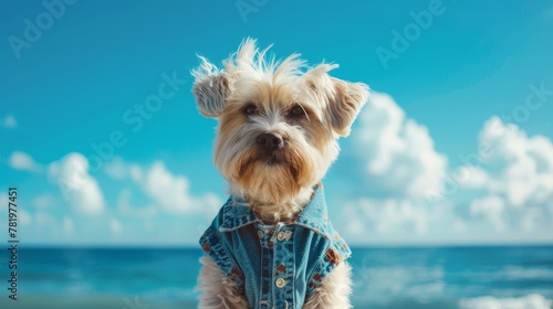 Ocean backdrop for a cute adult dog in jeans and t-shirt AI generated illustration