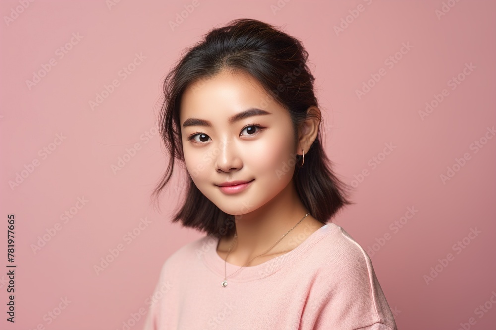 A woman with short hair and a pink shirt is smiling for the camera A woman with short hair and a pink shirt is smiling for the camera
