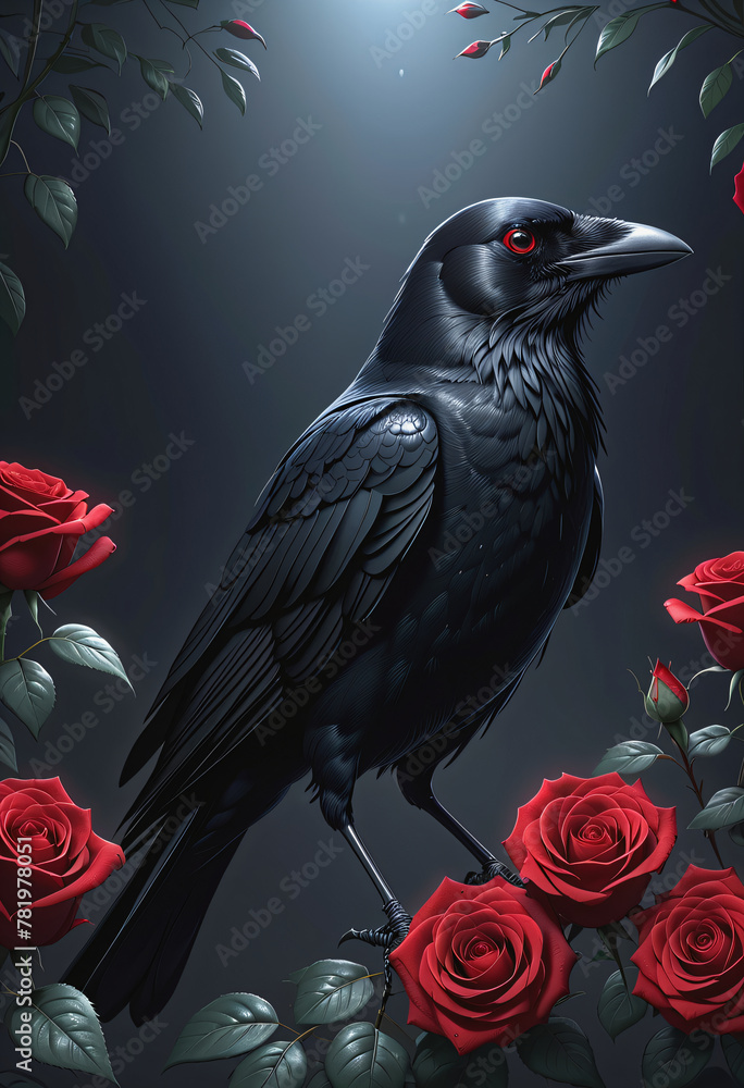 Obraz premium crow with red rose