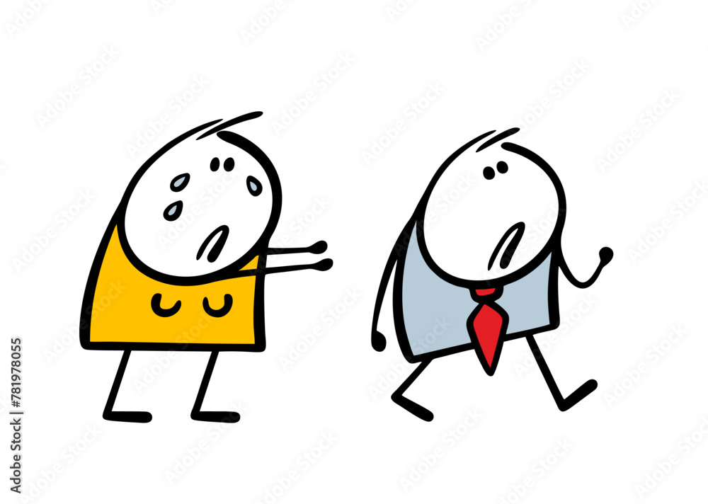 Fototapeta premium Woman cries and asks her husband to come back. Cartoon disgruntled man leaves his wife. Vector illustration of break in family relations and divorce. Isolated characters on white background.