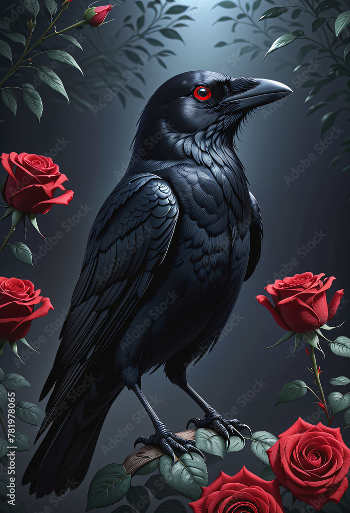 Obraz premium crow with red rose