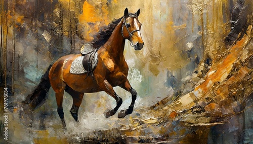 painting of modern abstract art, with metal elements, texture background, and animals and horses:  © Albaloshi