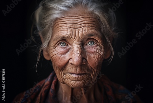 AI-generated illustration of an elderly woman pictured in a dark setting © Wirestock