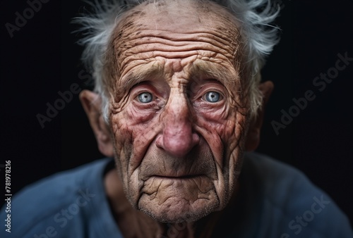 AI-generated illustration of an elderly man pictured in a dark setting © Wirestock