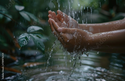 A closeup of hands washing with water, symbolizing the importance and social impact of fresh drinking water for health care