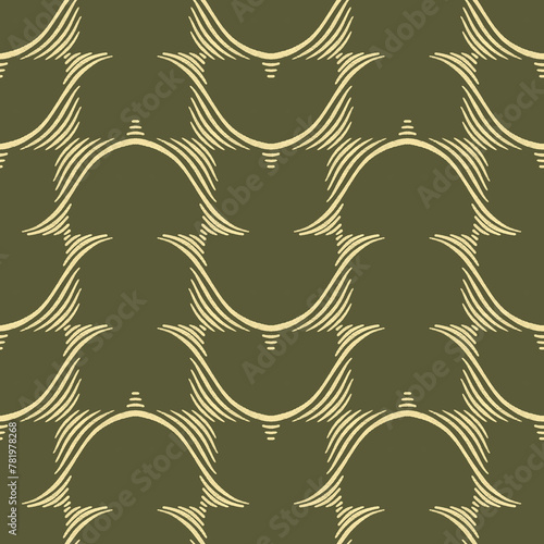 Abstract vintage seamless pattern. Simple minimal textured wavy lines on dark green background. Minimalistic classic wallpaper. Luxurious dark academia style motif in deep rich colors