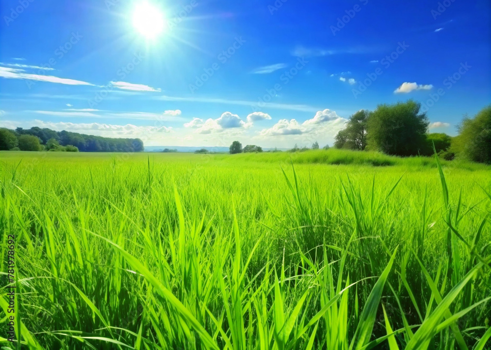 Lush  grass covers the landscape under a bright sunny sky