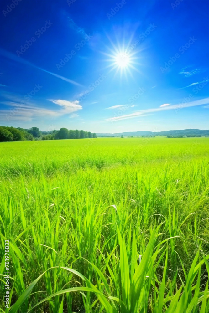 Lush grass covers the landscape under a bright sunny sky Lush grass covers the landscape under a bright sunny sky