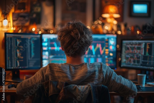 Man sitting at a table, facing two computer monitors, AI-generated.