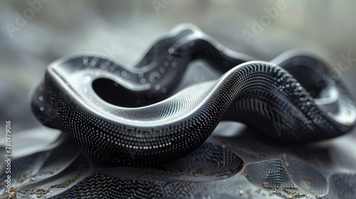 A black, twisted, and twisted object with a shiny surface. The object is made of metal and has a unique, almost alien-like appearance. Concept of mystery and intrigue