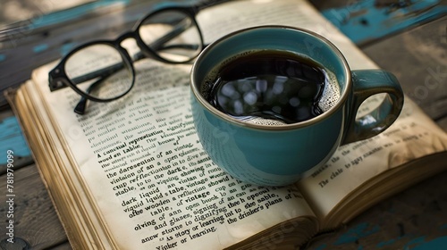 Open book with spectacles and a cup of coffee resting on its pages, AI-generated.