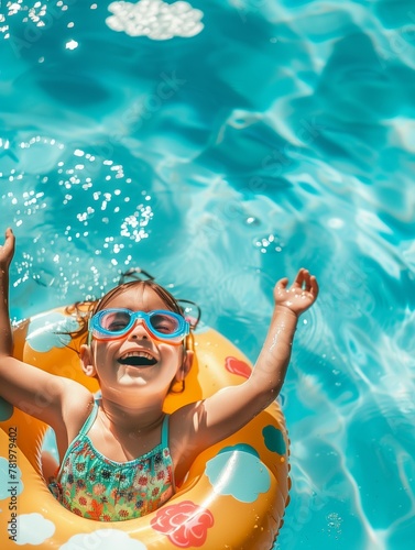 happy little girl wearing swimming goggles and an inflatable ring is playing in the pool on a sunny day. closeup shot of the smiling expressions of children holding toys on their backs, natural light