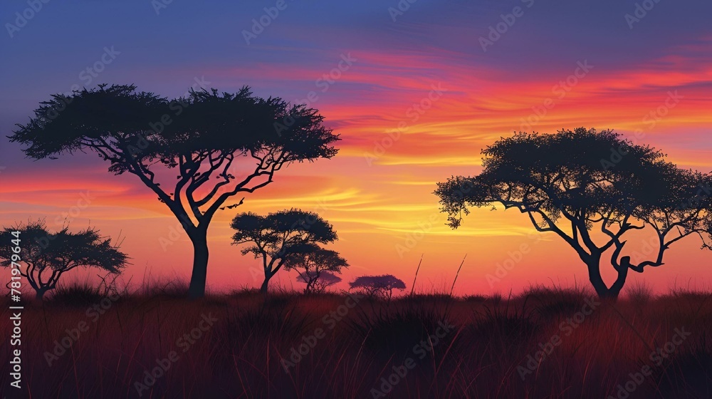 Scenic view of a sunset over an African savannah, AI-generated.