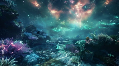 AI generated illustration of vibrant underwater scene with colorful lights, coral reefs