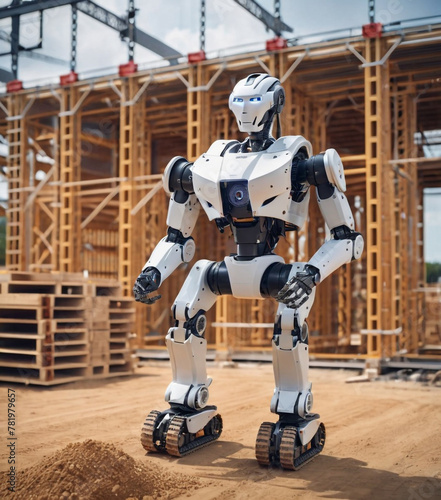 A humanoid robot with a yellow torso and helmet, working at a construction site with wooden structures under clear skies.