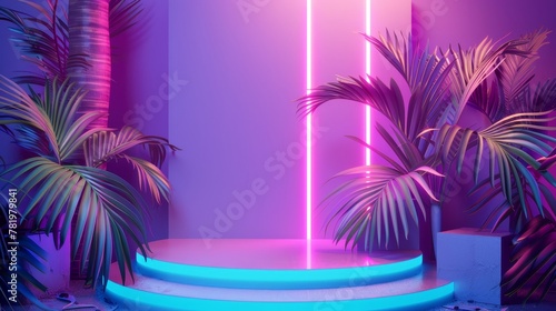 A beauty fashion podium backdrop featuring neon light and tropical palm leaves in 3D.