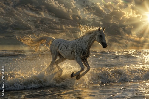 White Horses Herd in Wild  Running Stallion by Seaside  Beautiful Grey Horse  Sun Rays  Copy Space