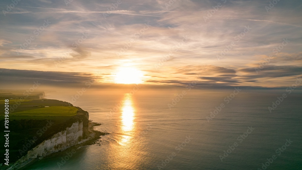 Evening View of English Channel and Steep Coast from Les Petites Dalles towards Plage des Grandes Da