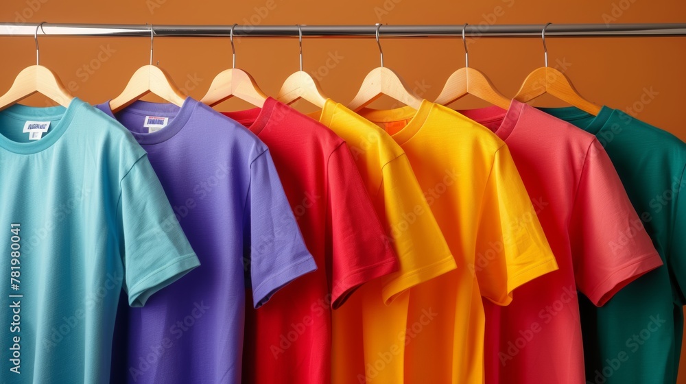 Obraz premium Women t-shirts hanging on rack in a warderobe