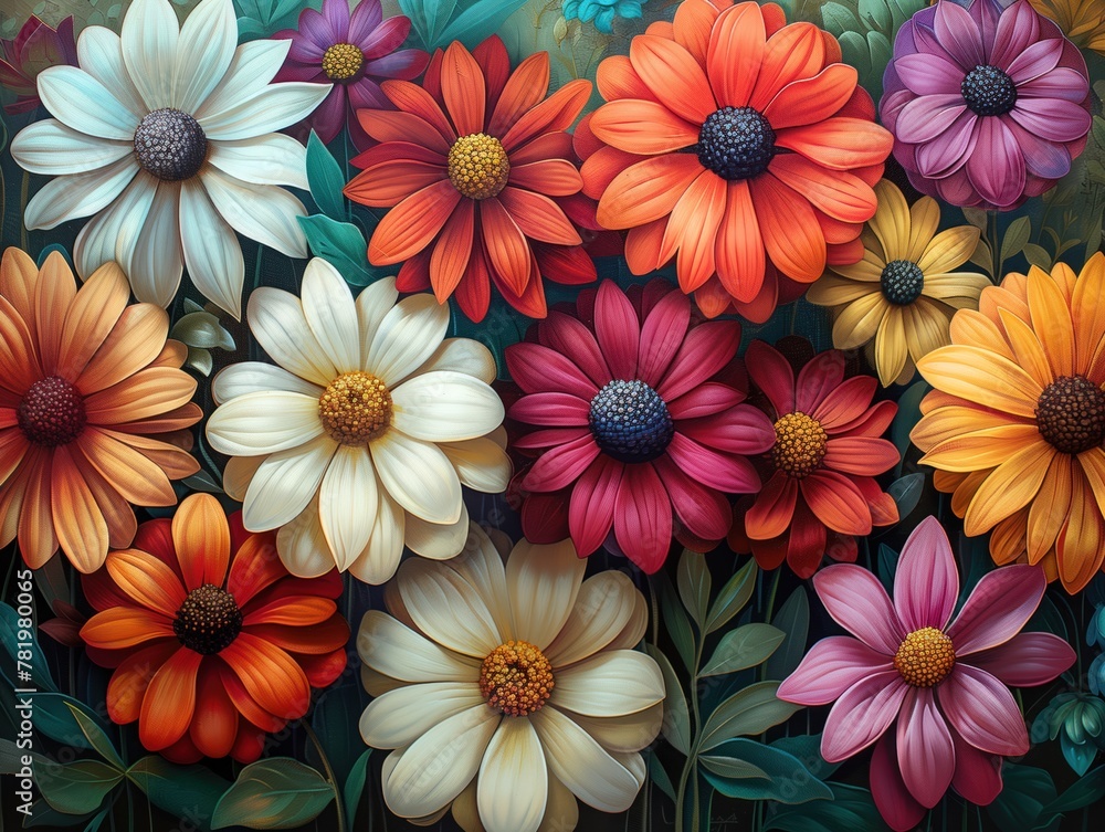 AI generated illustration of a field of daisies with colorful trimmed stems - obrazy, fototapety, plakaty 