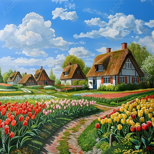 AI generated illustration of vibrant tulips in a pastoral painting with thatched roof farmhouses