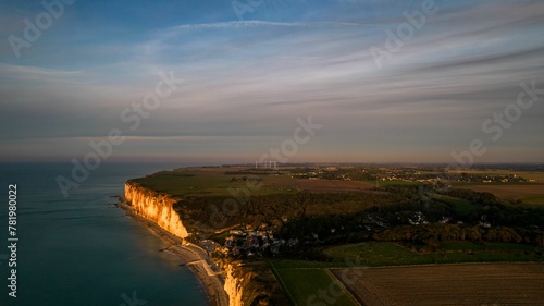 Drone Shot of Les Petites Dalles in Normandy, France at Golden Hour with English Channel