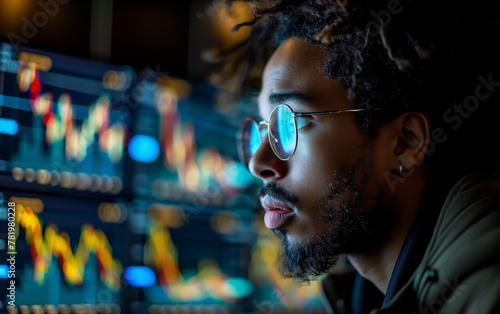 Curly-haired man in glasses analyzing graphs on a computer screen, AI-generated.