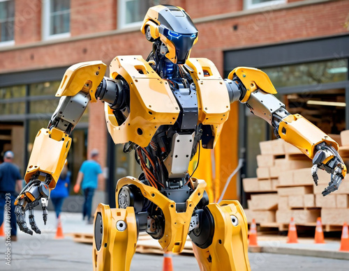 A humanoid robot with a yellow torso and helmet, working at a construction site with wooden structures under clear skies.